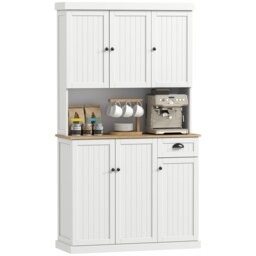 HOMCOM 180cm Kitchen Cupboard with 6 Doors, Modern Kitchen Storage Cabinet with Microwave Oven Countertop, Drawer, Adjustable Shelves and Cable Hole, White