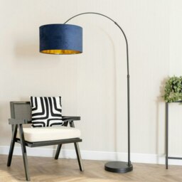 ValueLights Louis Black Arched Floor Lamp Navy Blue Velvet Drum Metallic Gold Shade