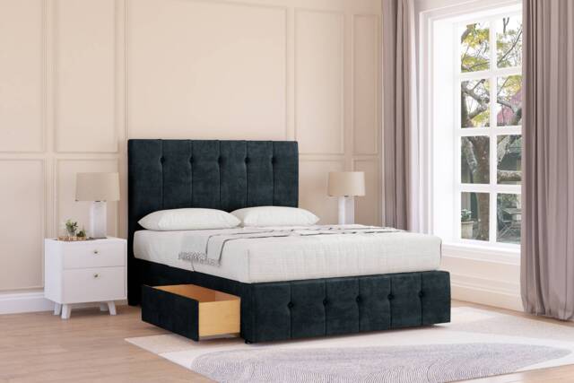 "Sloomy Cambridge Black Naples Divan Bed With Mattress No Drawers With 54"" Floor Standing Headboard & 12"" Matching Footboard 6' Super King Black Black Super King 1"