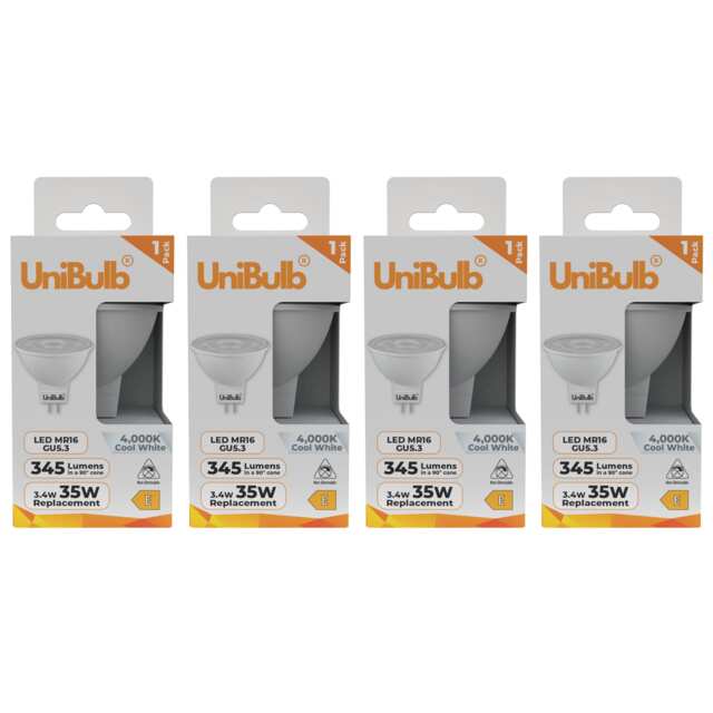 UniBulb LED MR16 GU5.3 345lm 3.4W (Replaces 35W) 4000K (Cool White) Spot Downlight Ceiling Light Bulb - Pack of 4