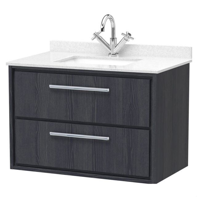Balterley Longnor 2 Drawer Wall Hung Vanity Unit with Square Basin and Marble Worktop, Woodgrain Graphite Grey, 800mm