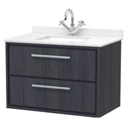 Balterley Longnor 2 Drawer Wall Hung Vanity Unit with Square Basin and Marble Worktop, Woodgrain Graphite Grey, 800mm