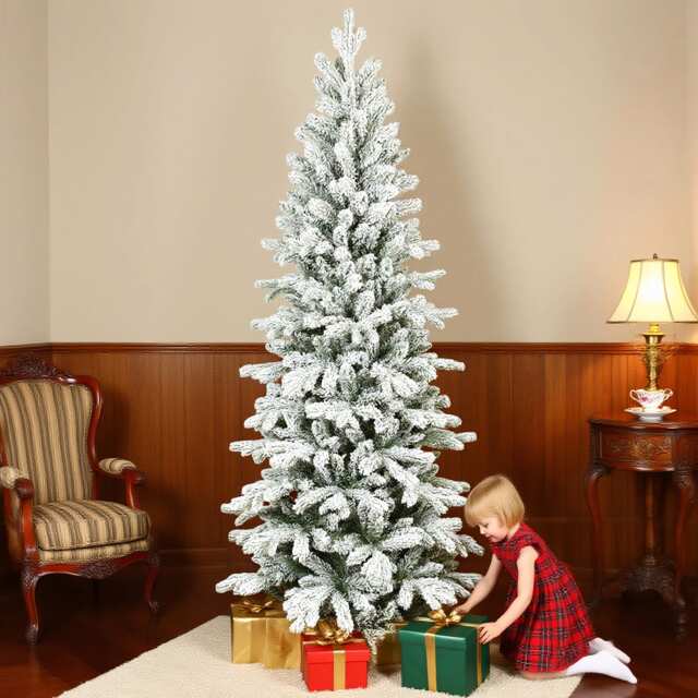 HOMCOM 7ft Flocked Christmas Tree, Hinged Pencil Christmas Tree with 972 Tips, Realistic Branches, Easy Assembly, Slim Shape, Artificial Xmas Home Decoration, Green White Green Green