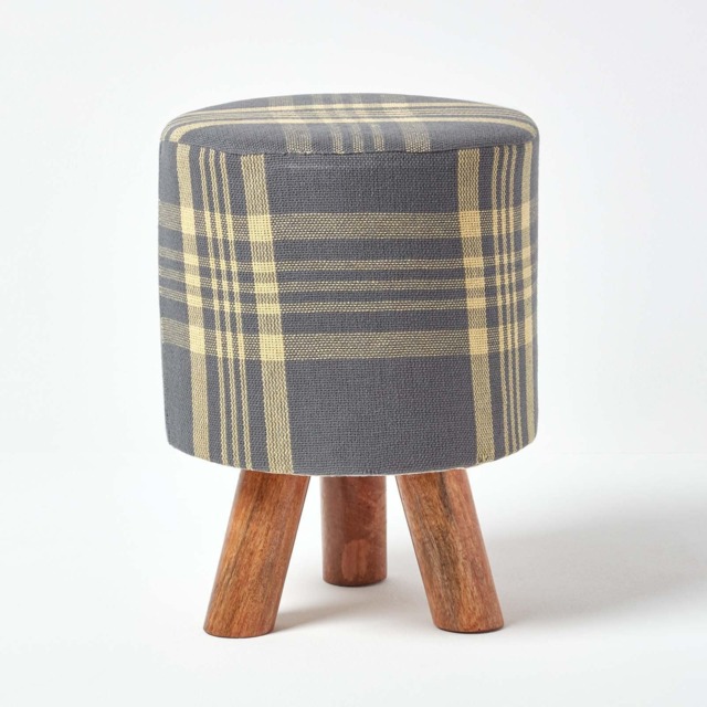 Homescapes Grey and Yellow Tall Tartan Fabric Stool with Legs Grey 32 x 32 x 42 cm