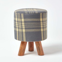 Homescapes Grey and Yellow Tall Tartan Fabric Stool with Legs Grey 32 x 32 x 42 cm