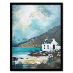 White Scottish Cottage Loch Hills Oil Living Room Black Framed Wall Art Print A4