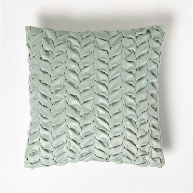 Homescapes Grace Pleated Green Velvet Cushion - 45 x 45 cm Green 45 x 45 cm 1