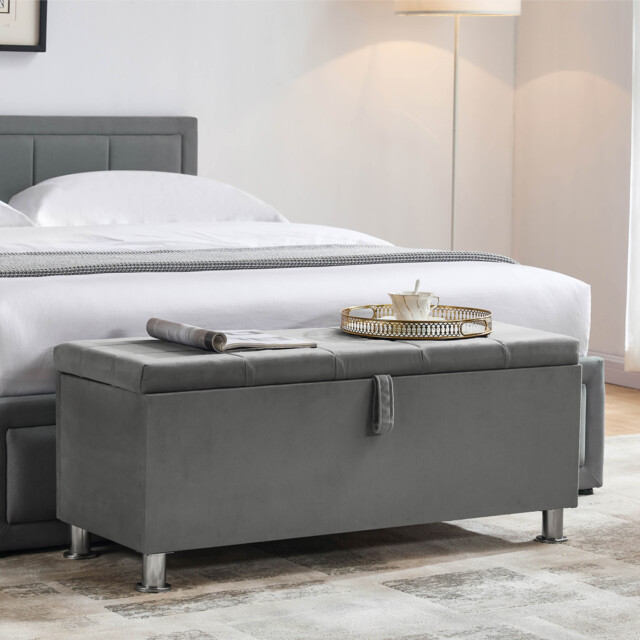 Vida Designs Valencia Storage Ottoman Bedroom Hallway Chest Bench, Light Grey Velvet Grey Grey