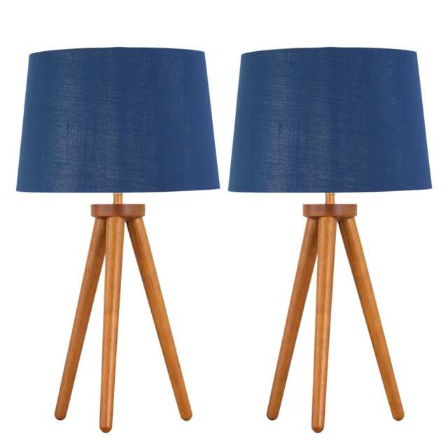 Set of 2 Dark Oak Table Lamp or Bedside Lights with Navy Silver Shades Brown Blue Large 2