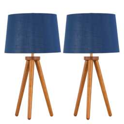 Set of 2 Dark Oak Table Lamp or Bedside Lights with Navy Silver Shades Brown Blue Large 2