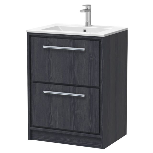 Balterley Longnor 2 Drawer Floor Standing Vanity Unit with 1 Tap Hole Minimalist Basin, Woodgrain Graphite Grey, 600mm