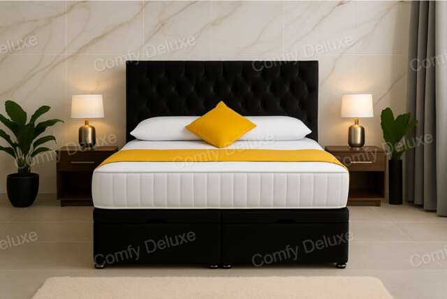 Chesterfield Black Plush Velvet End Lift Ottoman Divan Bed 4ft Small Double with Headboard & Mattress