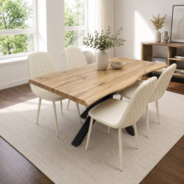Modern Dining Table with 4 Gem pattern Cream Faux Leather Chairs Kitchen Furniture