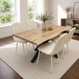 Modern Dining Table with 4 Gem pattern Cream Faux Leather Chairs Kitchen Furniture