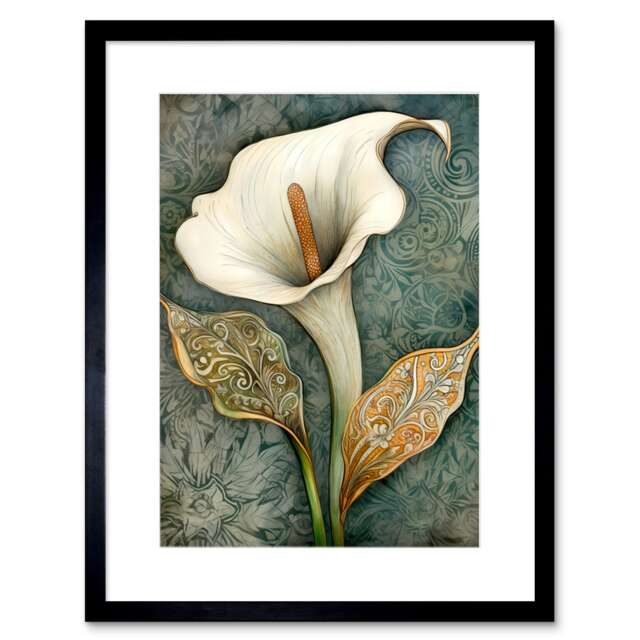 "William Morris Style Art Nouveau Calla Lily Flower 9x7"" Black Framed Wall Art Print"
