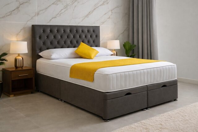 Divan Ottoman Grey Plush Chesterfield 4ft6 Double Bed Set With Headboard and Mattress