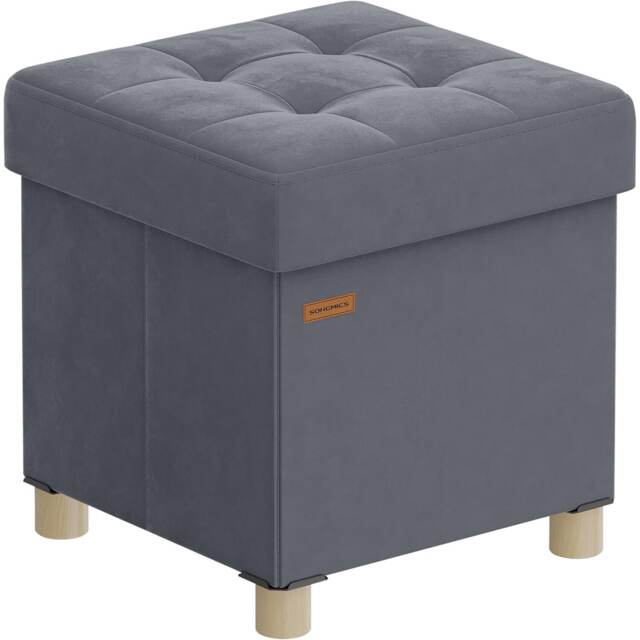 Compact Velvet Storage Cube, Folding Ottoman Stool with Lid, Ideal for Bedroom or Living Room Use, Slate Grey