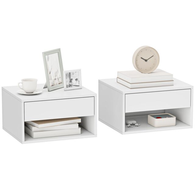 HOMCOM Floating Nightstands Set of 2, Bedside Table w/ Drawer and Open Shelf White