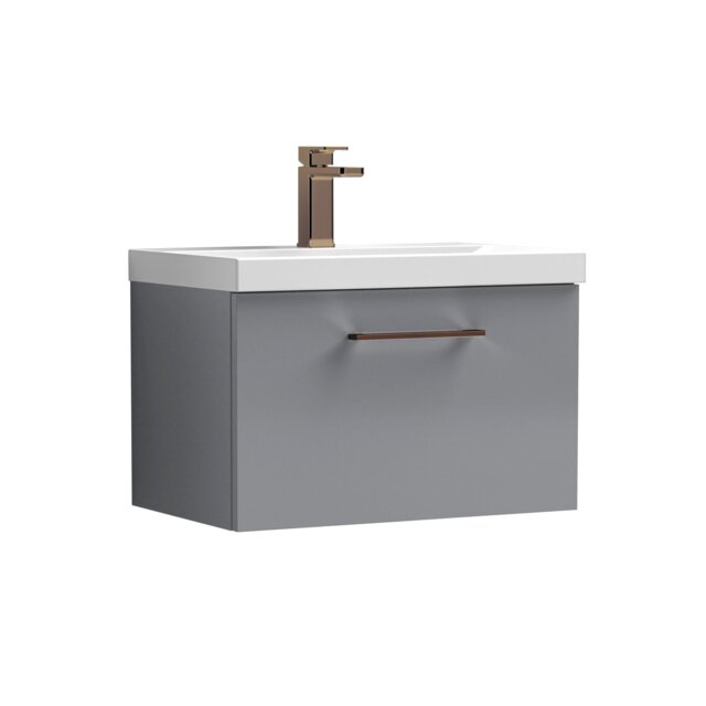 Balterley Wall Hung Bathroom 1 Drawer Vanity Unit and 1 Tap Hole Ceramic Basin, with Handle Grey Satin Grey