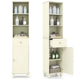 COSTWAY 172cm Tall Bathroom Cabinet Narrow Floor Cabinet 3 Open Shelves White