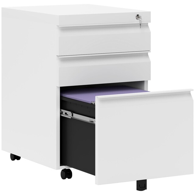 Vinsetto 3-Drawer Filing Cabinet, Mobile Metal File Cabinet with Lock and 5 Wheels for A4 Legal Letter Sized Hanging File Folders, Under Desk Drawers, Pre-Assembled Body, 39 x 48 x 60 cm, White