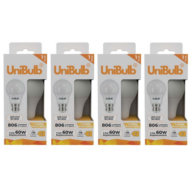 UniBulb LED GLS B22 Bayonet Cap (BC) 806lm 7.3W (Replaces 60W) 3000K (Warm White) Light Bulb - Pack of 4 Clear Warm White 4