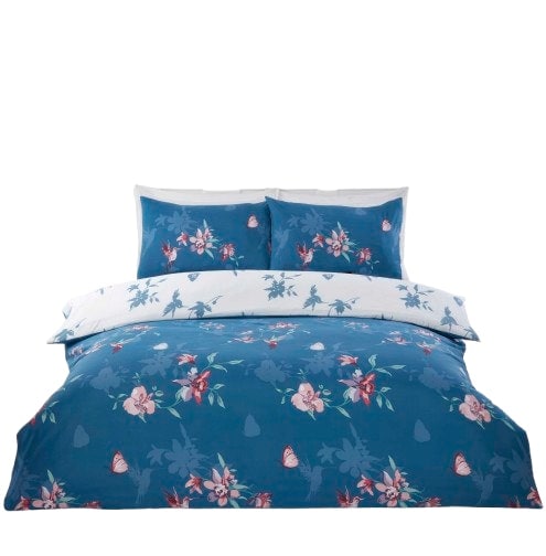 Hummingbird Microfibre Reversible Duvet Cover Set with Pillowcase Blue King 1
