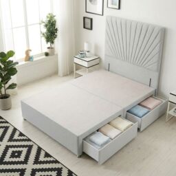 Sunburst Divan Bed with 2 Drawers & 54'' Floor Standing Headboard Linen Fabric Grey Sage