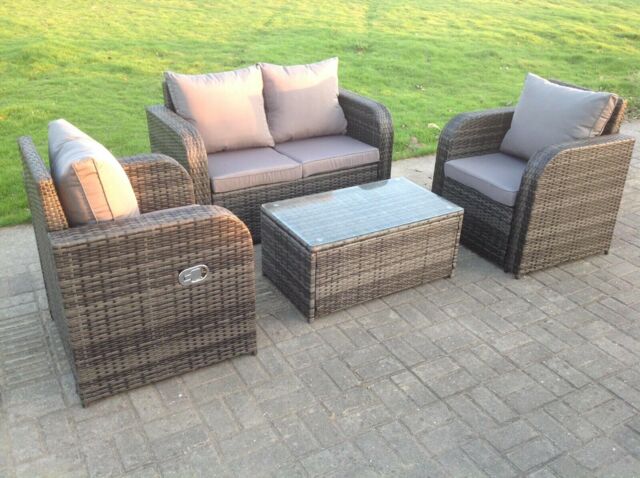 Fimous Dark Grey Mix PE Wicker Rattan Garden Furniture Set Sofa Set Reclining Adjustable Chair 4 Seater