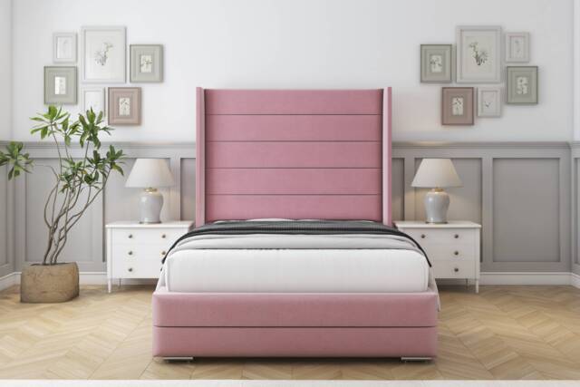 "Sloomy Sterling Pink Plush Bed Frame With Mattress With 50"" Upholstered Wingback Headboard 3' Single"
