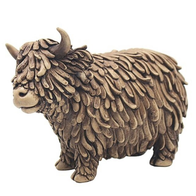 Hughie Highland Cow Wood Effect Figurine By Lesser And Pavey, 19cm