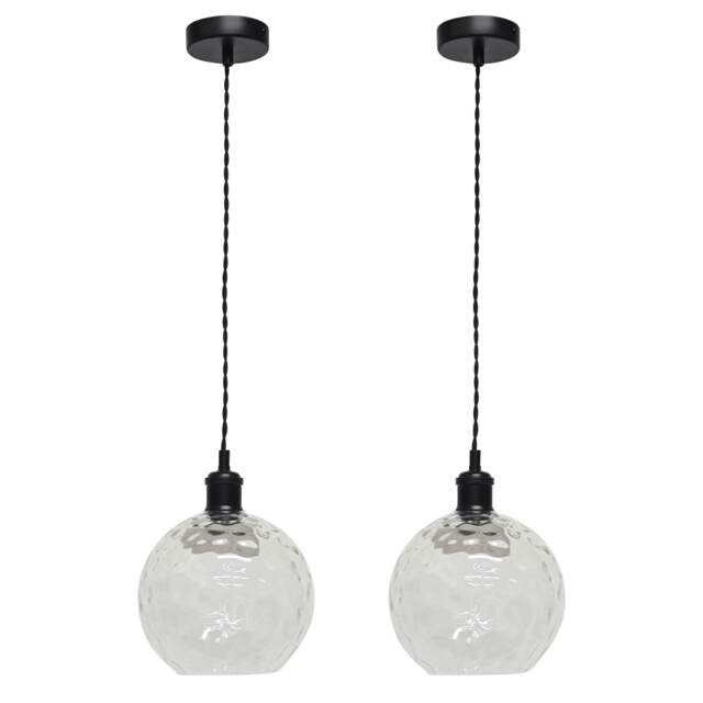 Set of 2 Barnum - Clear Dimple Glass Globe Black Retro Pendants