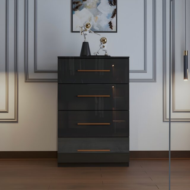 High Gloss Chest Drawer Modern Bedroom Furniture Storage Cabinet with Handles-Black 4 Drawers