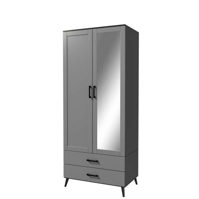 2-Door 2-Drawer Mirror Wardrobe with Legs Black Black & Grey 55 x 9.5 x 149 1