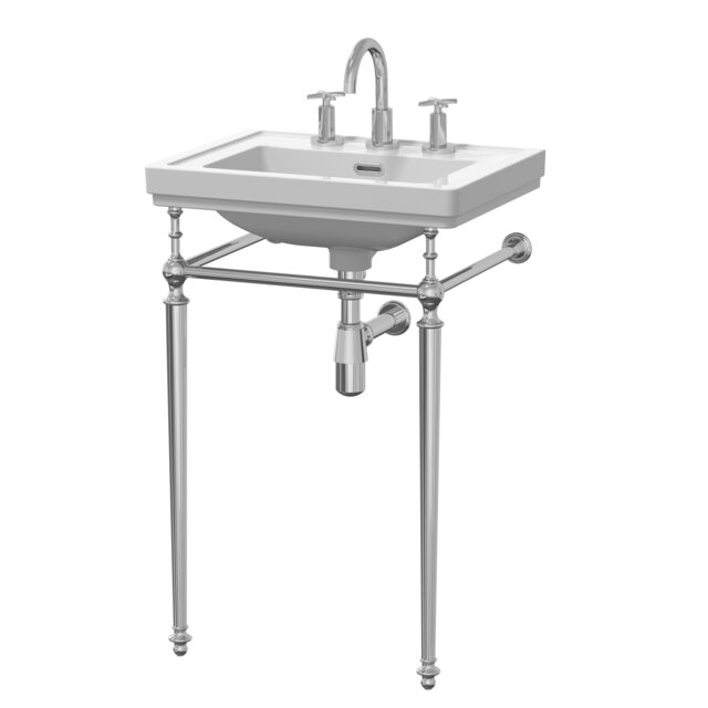 Traditional 3 Tap Hole Fireclay Basin with Luxury Wash Stand & Bottle Trap - 500mm - Chrome