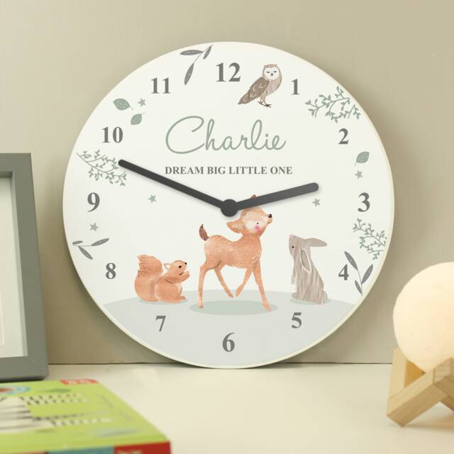 Personalised Woodland Animals Wooden Nursery Clock White