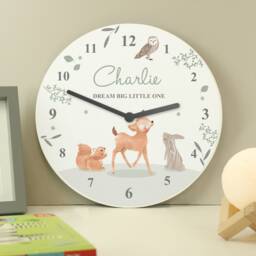 Personalised Woodland Animals Wooden Nursery Clock White