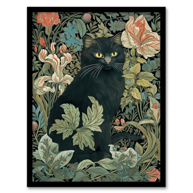 Cat Flower Garden Blooms Teal Green Pink Art Black Framed Wall Art Print A4
