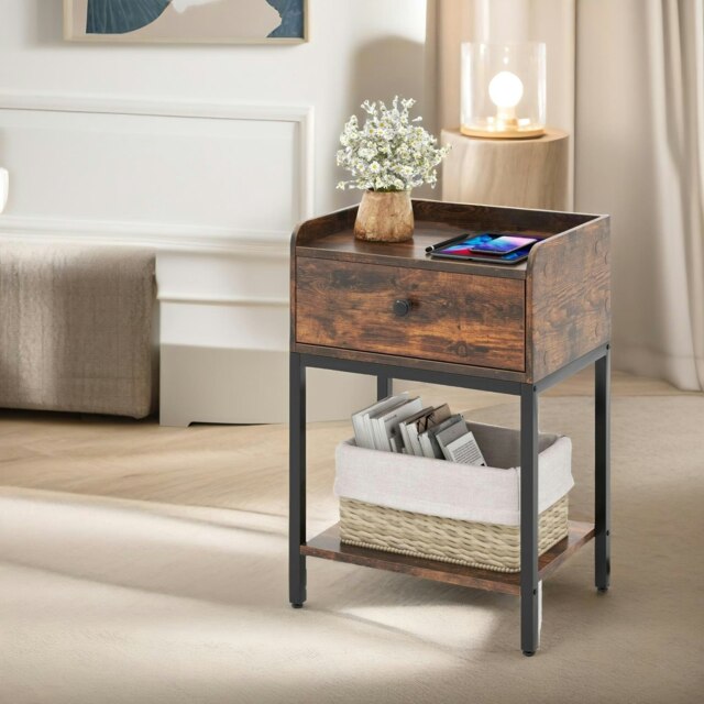 Bedside Nightstand Table With Drawer Rustic Brown Brown