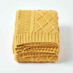 Homescapes Mustard Diamond Cable Knit Cotton Throw - 130 x 170 cm