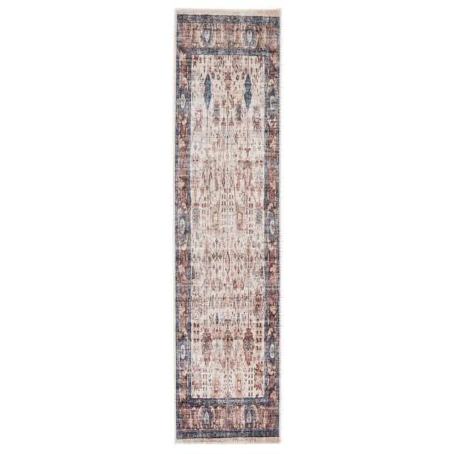 KUKOON Blue Beige Traditional Floral Bordered Non Slip Washable Low Pile Runner Rug 60cm x 240cm Multi
