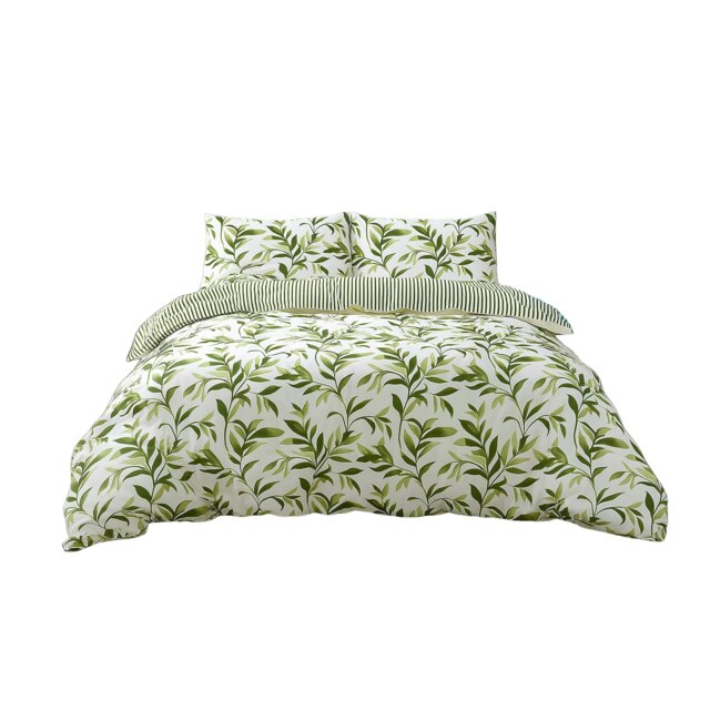 Duvet Cover And Pillowcase Set Reversible Leaf And Stripe Design Polycotton Bed Linen Green Green Single