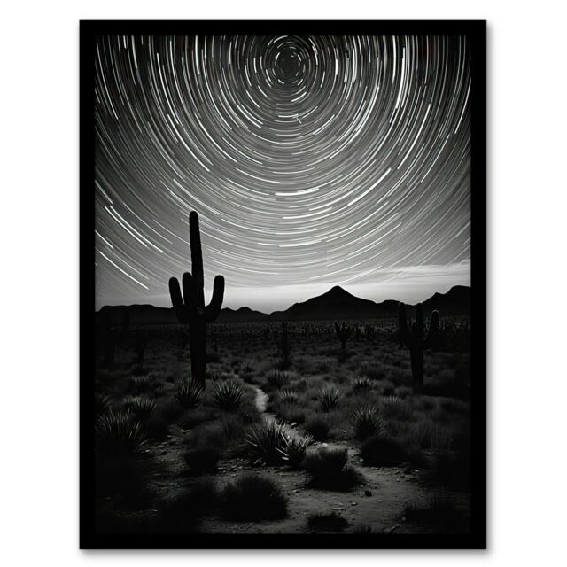 Time Lapse Night Sky Star Trails Desert Cactus Black Framed Wall Art Print A4