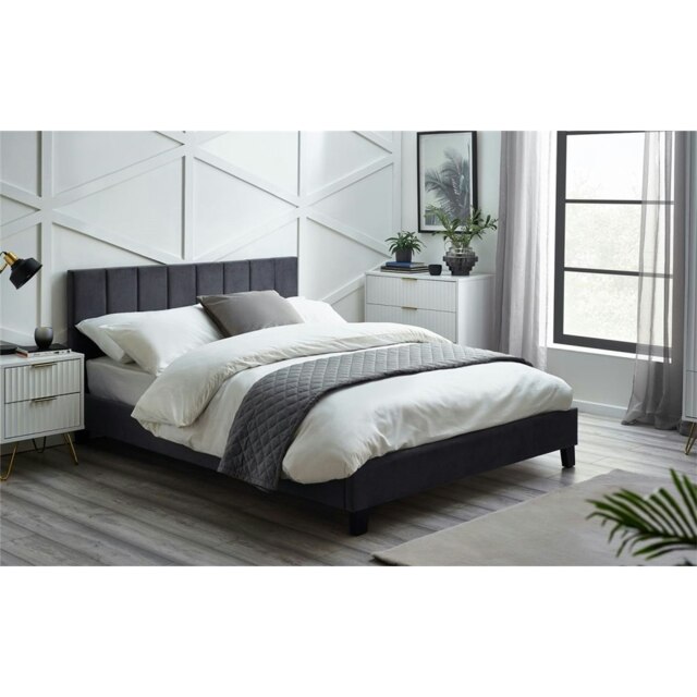 "Premium Grey Velvet Bed with Black Legs - Double 4ft 6"" (135cm)"