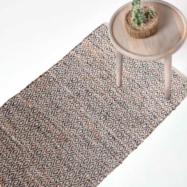Homescapes Real Leather Handwoven Diamond Pattern Hall Runner - 66 x 200 cm Brown