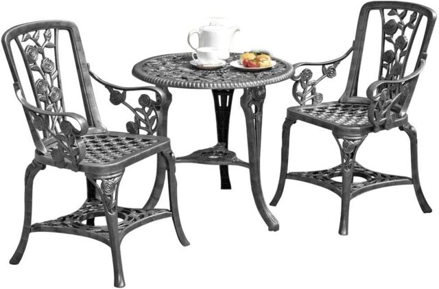 Antique Effect Rose Design 2 Seater Bistro Patio Set Table UV-Stabilised PVC (Pewter) Grey