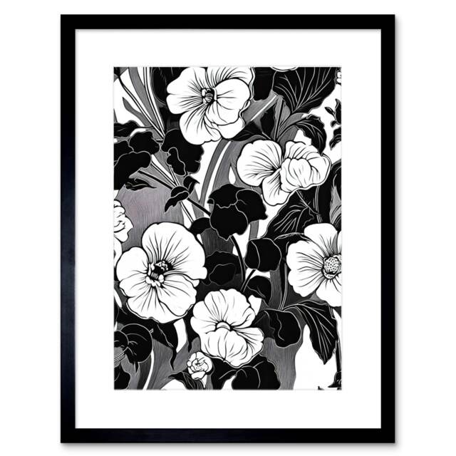 "Viola Flowers Spring Black White Floral Design 9x7"" Black Framed Wall Art Print"