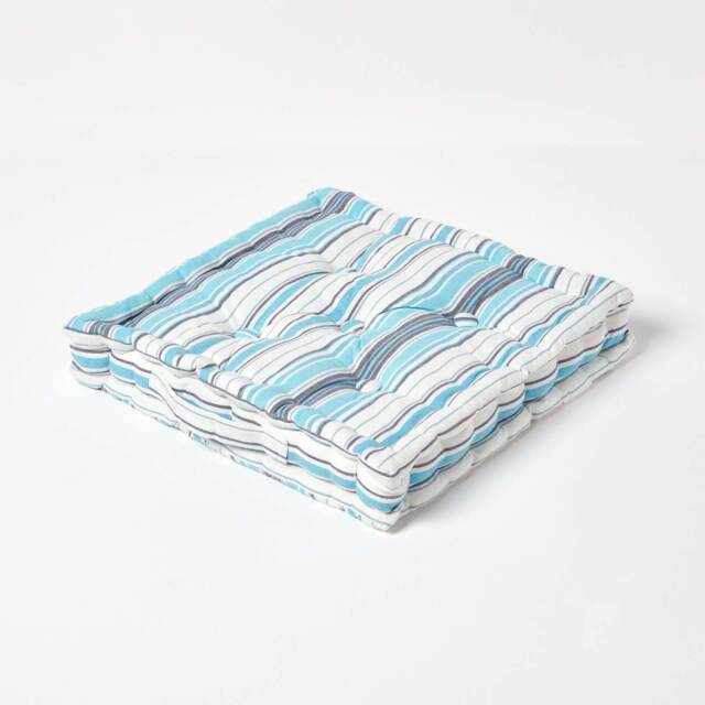 Homescapes Cotton New England Stripes Floor Cushion - 50 x 50 cm Blue 50 x 50 cm