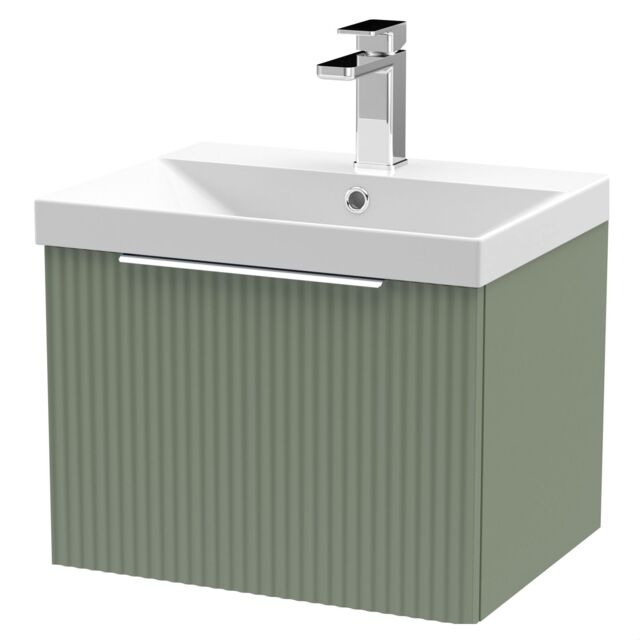 Balterley Tixall Fluted 1 Drawer Wall Hung Vanity Unit with Thin Edge Basin, Satin Green, 500mm