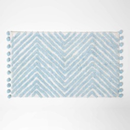 Homescapes Blue Cotton Bath Mat Tufted Zig Zag with Pom Pom Edges - 50 x 80 cm Blue